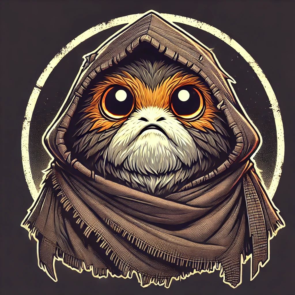 DALL·E 2025-02-06 11.09.06 - A porg-like creature wearing a scavenger-style hooded robe with glowing eyes, resembling a Jawa. The creature has soft, feathery textures, but its dee